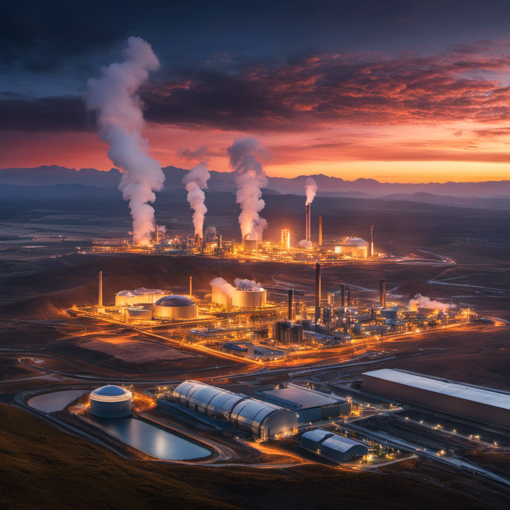An image showcasing a vast landscape with multiple industrial facilities, each emitting clean steam from their geothermal power plants