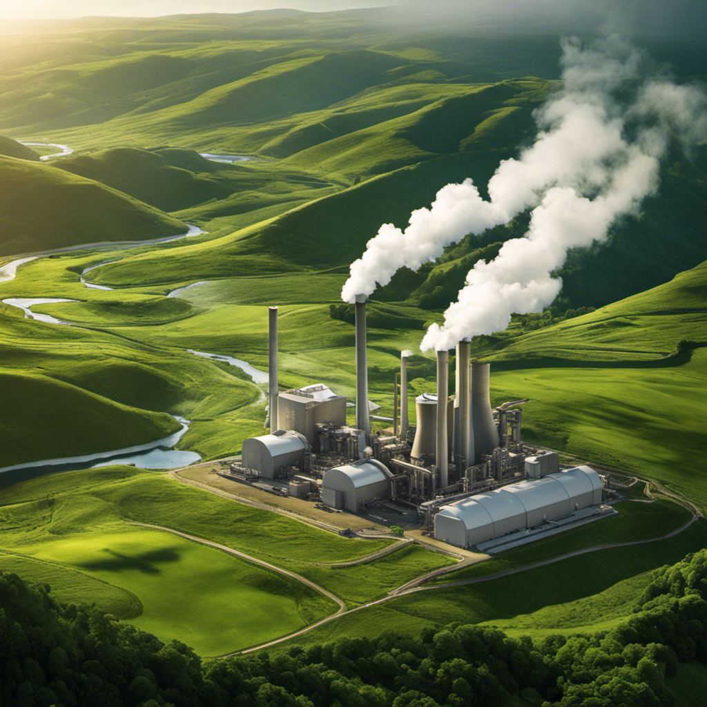 An image showcasing a vast geothermal power plant, nestled amidst rolling green hills