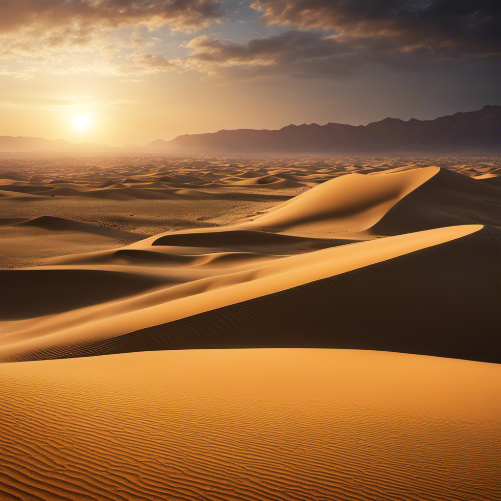 An image showcasing a vast expanse of arid desert, with its golden sand dunes stretching towards the horizon, as the scorching sun's rays beam down upon them, causing the temperature to rise steadily