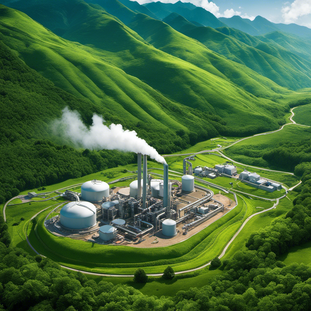 An image showcasing a country's geothermal energy dominance - a sprawling geothermal power plant nestled amidst lush green mountains, with piping systems transporting hot water to homes and industries, symbolizing its self-sufficiency and sustainability