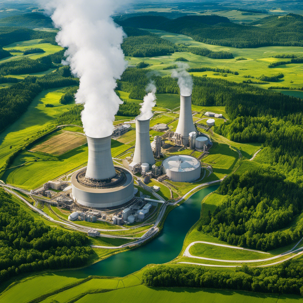 An image showcasing a vast geothermal power plant surrounded by lush green landscapes