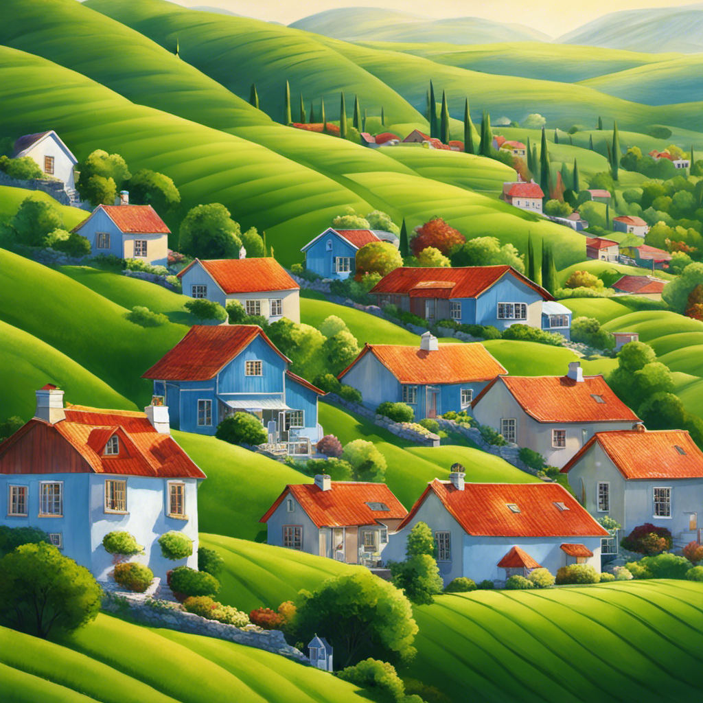 An image showcasing a picturesque landscape with rows of charming houses nestled among rolling green hills