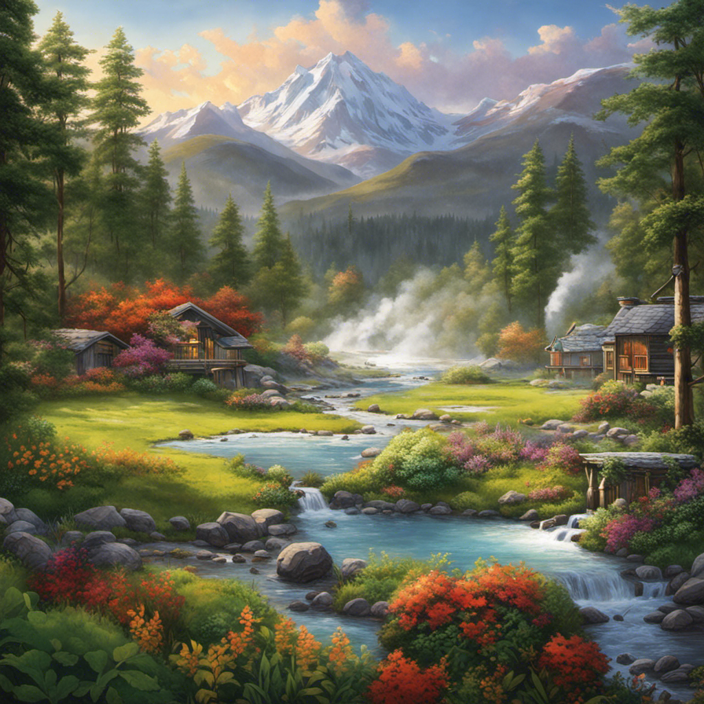 An image showcasing a serene landscape with bubbling hot springs, surrounded by lush greenery, nestled within snow-capped mountains