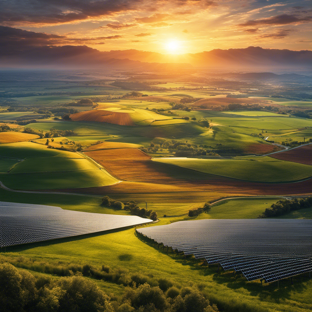 An image depicting a vast landscape with a vibrant solar farm stretching across the horizon, emitting a radiant glow