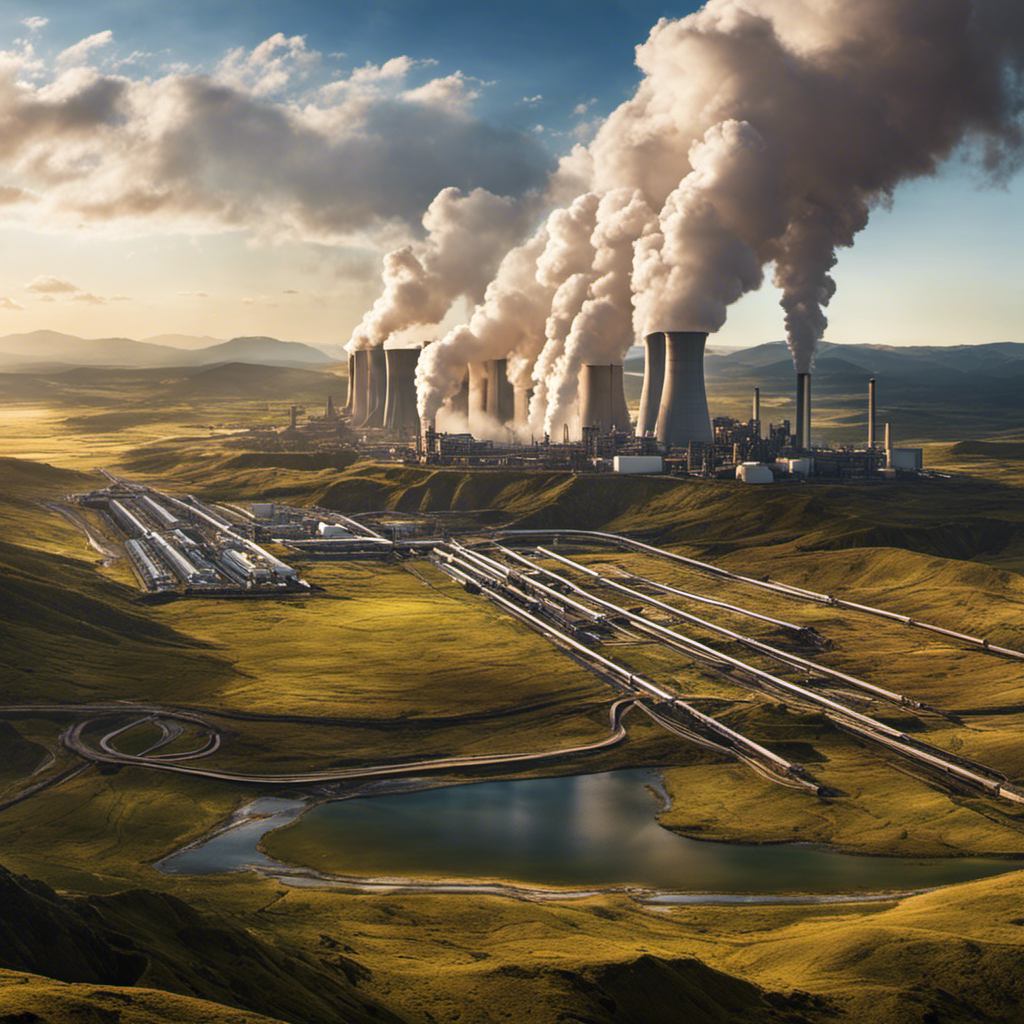 An image showcasing a panoramic view of a vast, otherworldly landscape dominated by towering geothermal power plants, emitting billowing steam from their intricate network of pipes, symbolizing the top geothermal energy-producing countries