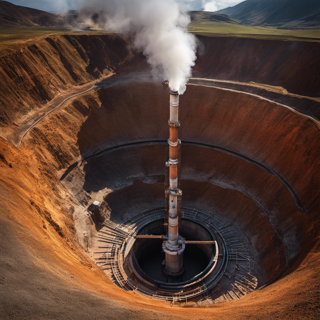 An image showcasing a deep well drilled into the Earth's crust, revealing layers of hot rocks and a network of underground pipes
