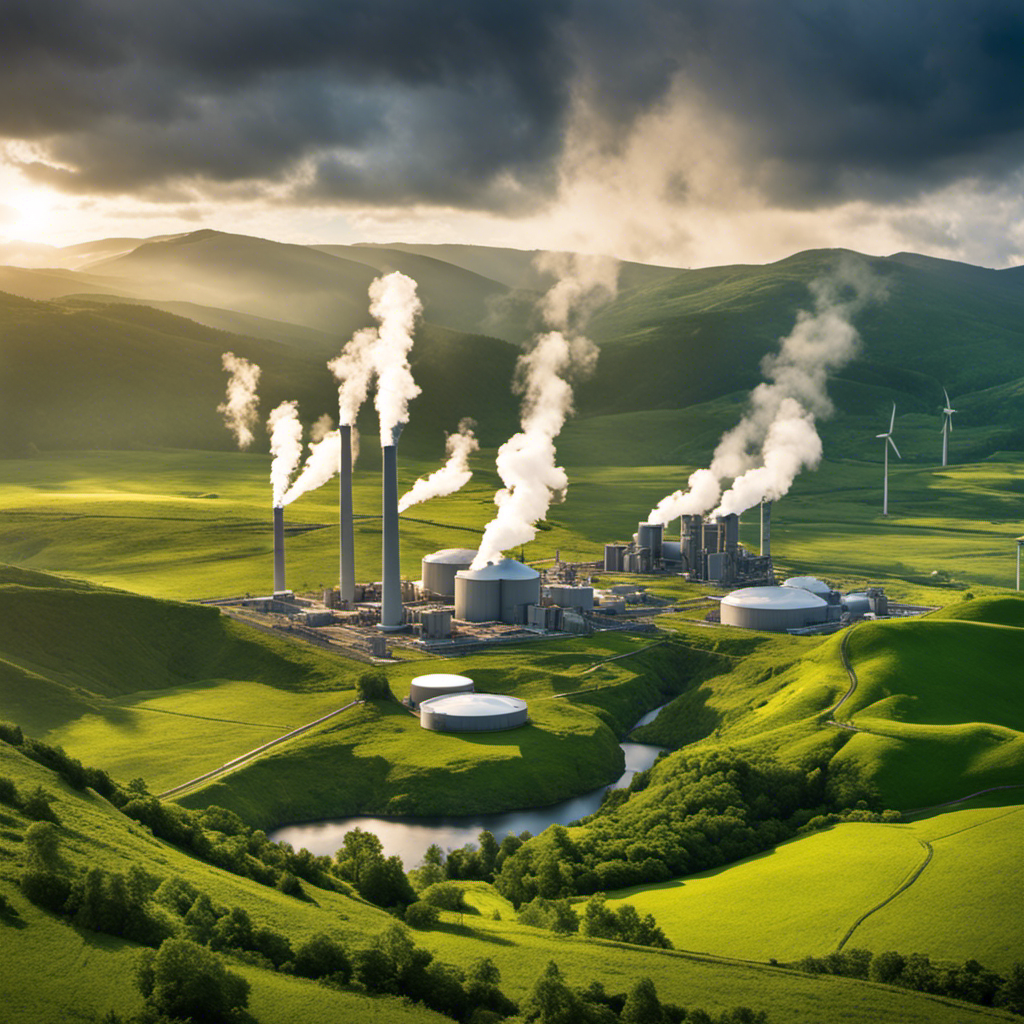 An image that showcases a geothermal power plant nestled amidst lush green valleys, with billowing steam rising from the ground, wind turbines in the distance, and experts discussing the future of geothermal energy
