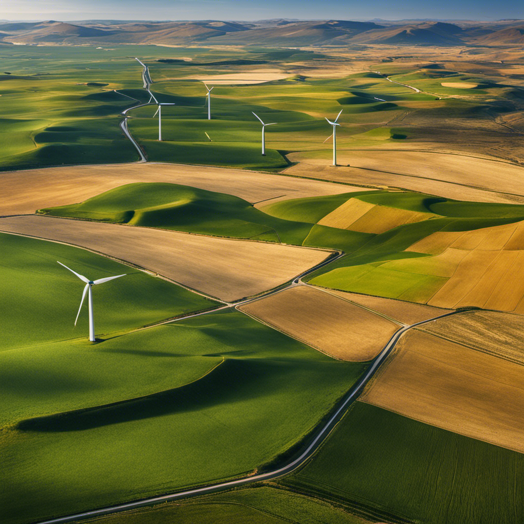 An image showcasing contrasting disadvantages of wind and geothermal energy: a wind turbine surrounded by idle farmland due to land use, juxtaposed with a barren landscape indicating the limited availability of geothermal resources