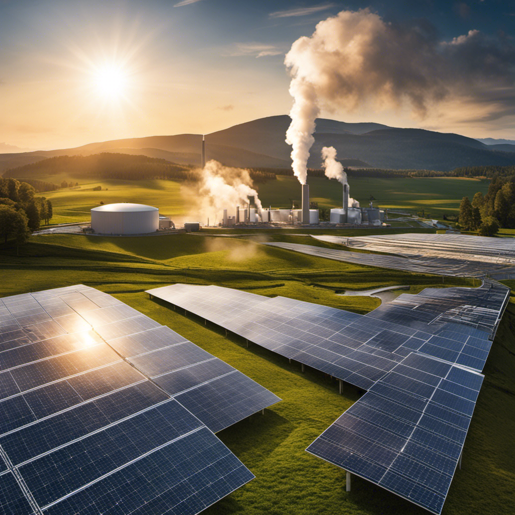 An image showcasing a serene landscape, with a geothermal power plant and solar panels harmoniously coexisting