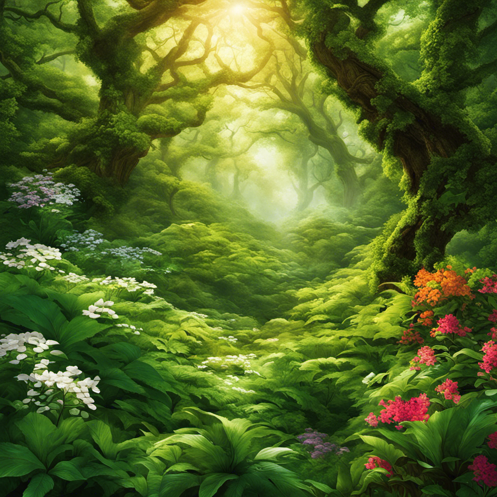 An image depicting a lush green forest, with vibrant leaves and blossoming flowers, bathed in sunlight