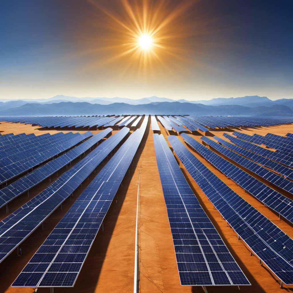 An image depicting a vast field of gleaming solar panels, stretching towards the horizon under a clear blue sky