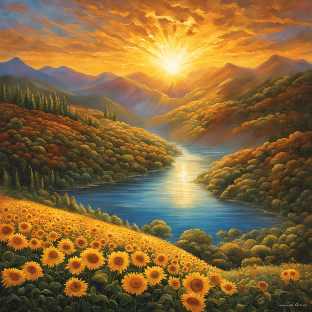 An image depicting the radiant sun emitting powerful rays, traversing through the atmosphere, and finally embracing Earth's surface with warm golden hues, illuminating landscapes, penetrating bodies of water, and nurturing vibrant flora