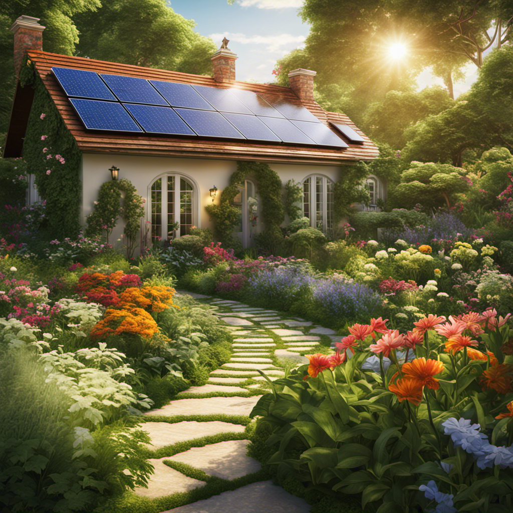 An image showcasing a lush garden bathed in warm sunlight, with solar panels glistening nearby