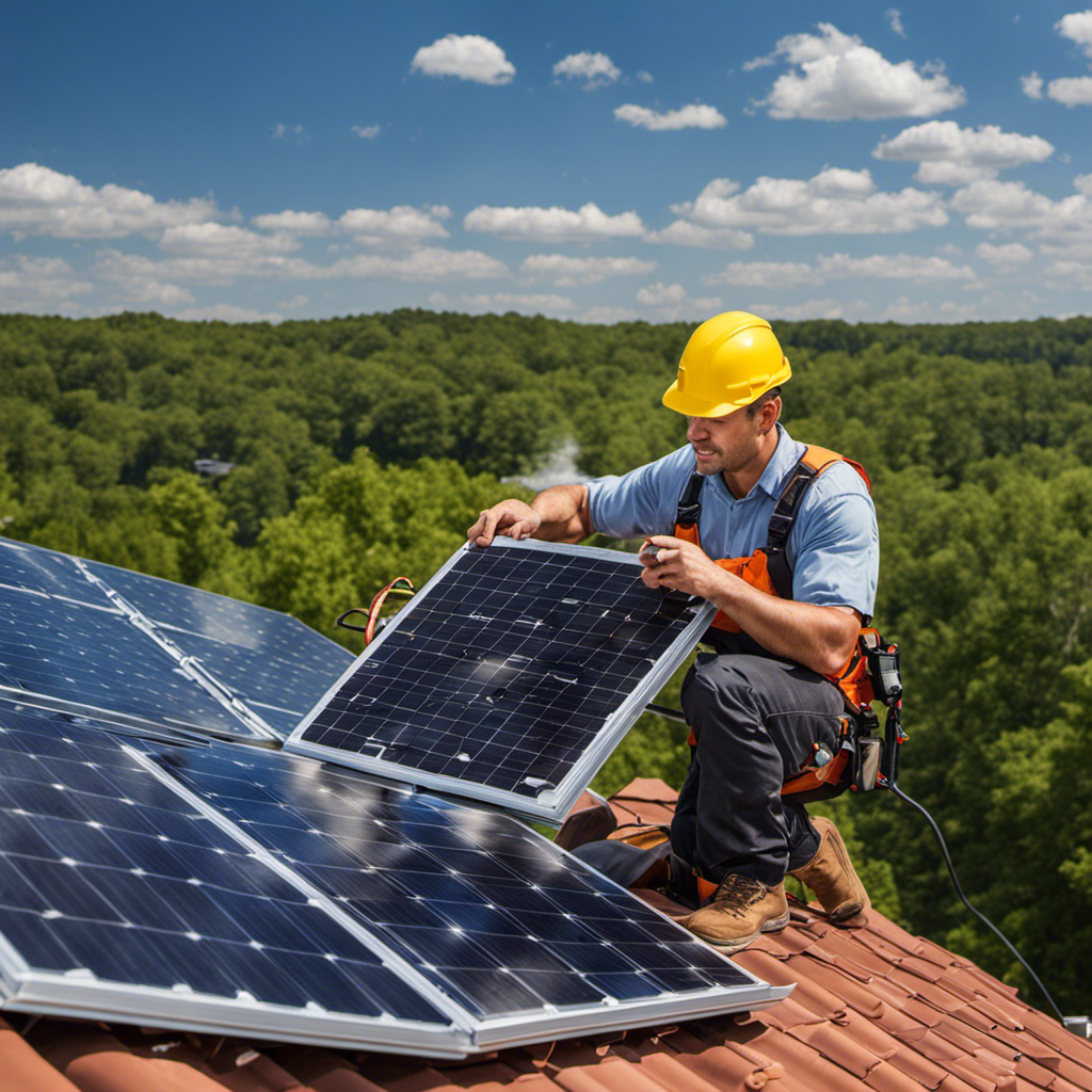 An image showcasing a solar energy technician effortlessly installing solar panels on rooftops, skillfully connecting wirings, and skillfully adjusting angles for maximum sun exposure