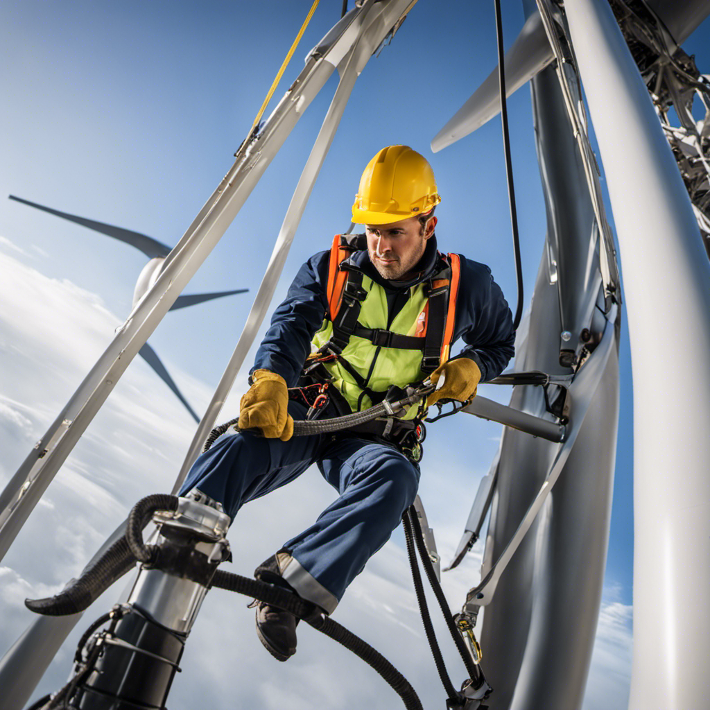 An image showcasing a skilled wind turbine services technician, dressed in safety gear, confidently ascending a towering turbine using a harness and climbing equipment, inspecting its blades for maintenance or repairs
