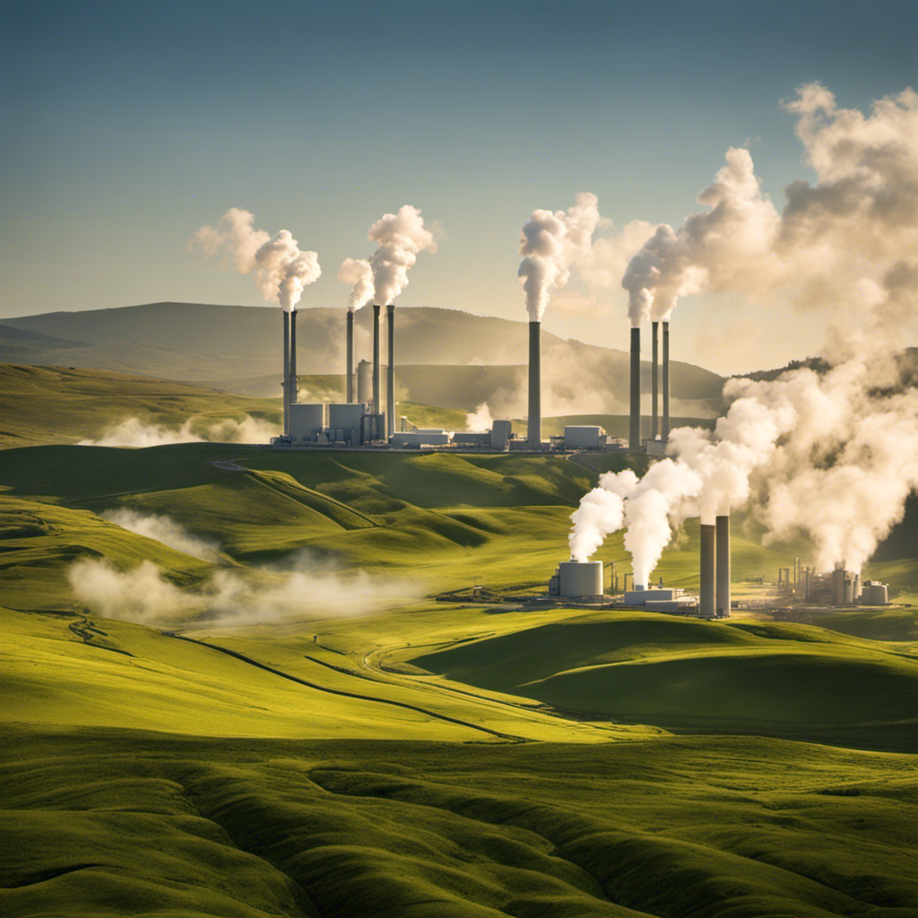 An image showcasing a serene landscape, with a geothermal power plant nestled within rolling hills