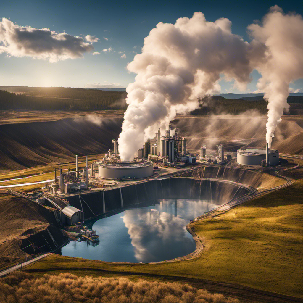 An image showcasing a geothermal power plant, featuring a deep well drilled into the Earth's crust, with steam rising from underground reservoirs, turbines converting it into electricity, and power lines transmitting the clean energy