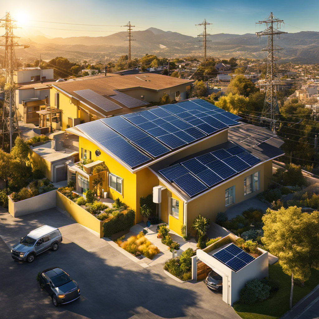 An image showcasing a sunny rooftop with solar panels, emitting a surplus of vibrant yellow energy