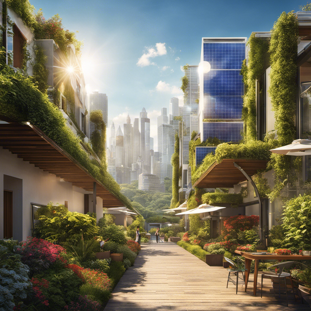 An image featuring a vibrant, sun-soaked landscape with solar panels adorning rooftops, harnessing the sun's rays
