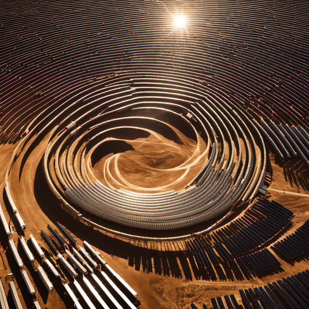 An image showcasing a vast solar thermal power plant with rows of parabolic trough collectors, absorbing sunlight and converting it into heat to generate electricity, symbolizing the remarkable capabilities of solar thermal energy
