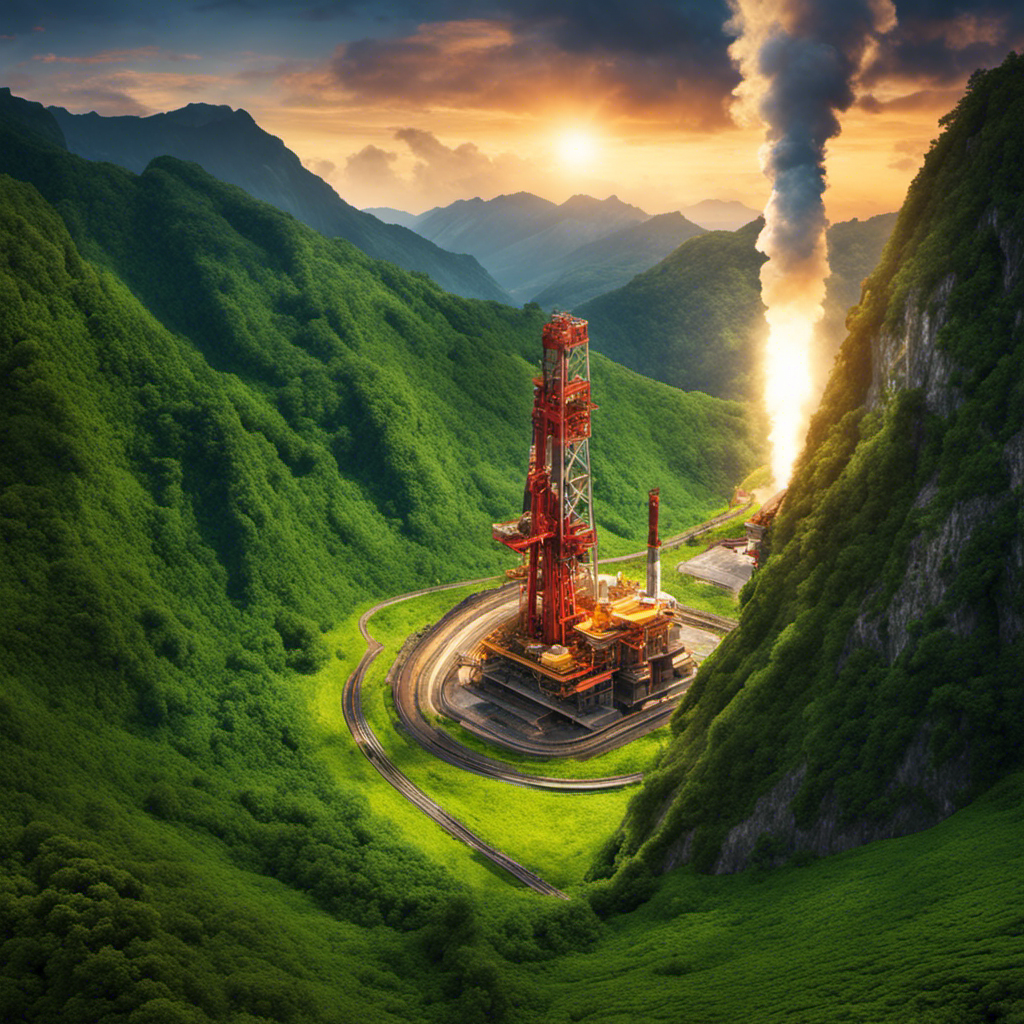 An image of a serene mountain landscape with a deep drilling rig extracting heat from the Earth's core, surrounded by lush greenery