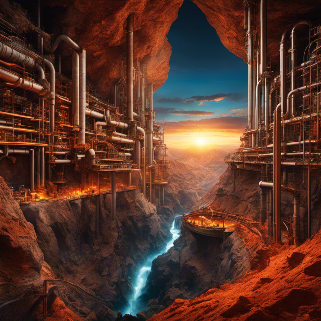 An image showing a vibrant, underground scene with layers of rock and soil, revealing a complex network of pipes and machinery extracting heat from the earth's core, while clean, renewable energy radiates outward
