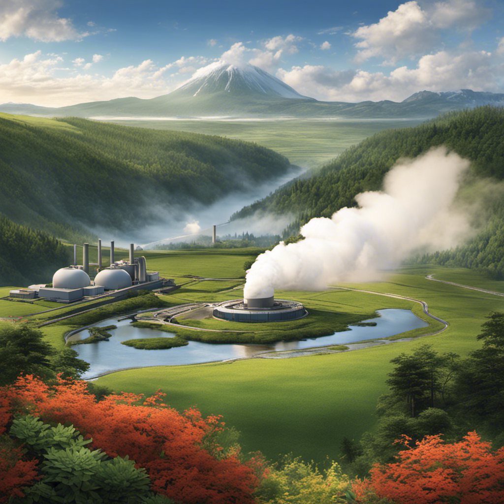 An image showcasing a serene landscape with a geothermal power plant gently blending into the surroundings, emitting clean steam, while nearby flora and fauna thrive in harmony with the environment