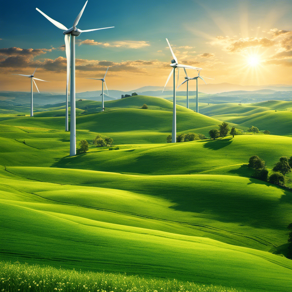 An image showcasing a serene landscape with wind turbines gently spinning amidst rolling green hills, while solar panels gleam under a clear blue sky