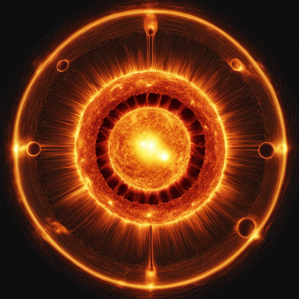 An image showcasing the Sun's core, vividly displaying the intricate fusion process where hydrogen atoms collide and fuse to form helium, releasing an immense amount of energy that fuels solar power