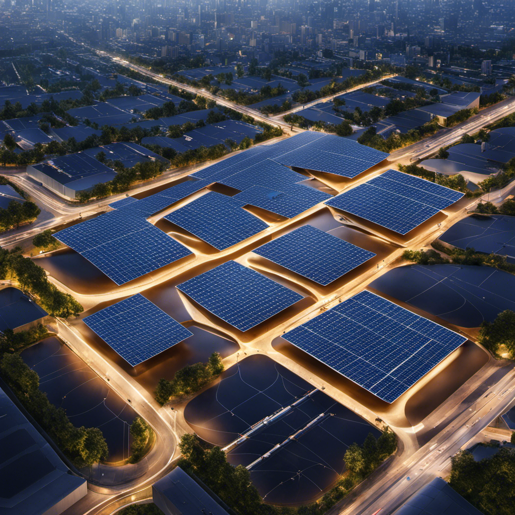 An image depicting a futuristic solar panel array embedded in a smart city infrastructure, showcasing advanced technologies such as nanotechnology, artificial intelligence, and wireless energy transfer, ensuring enhanced safety, efficiency, and cleanliness