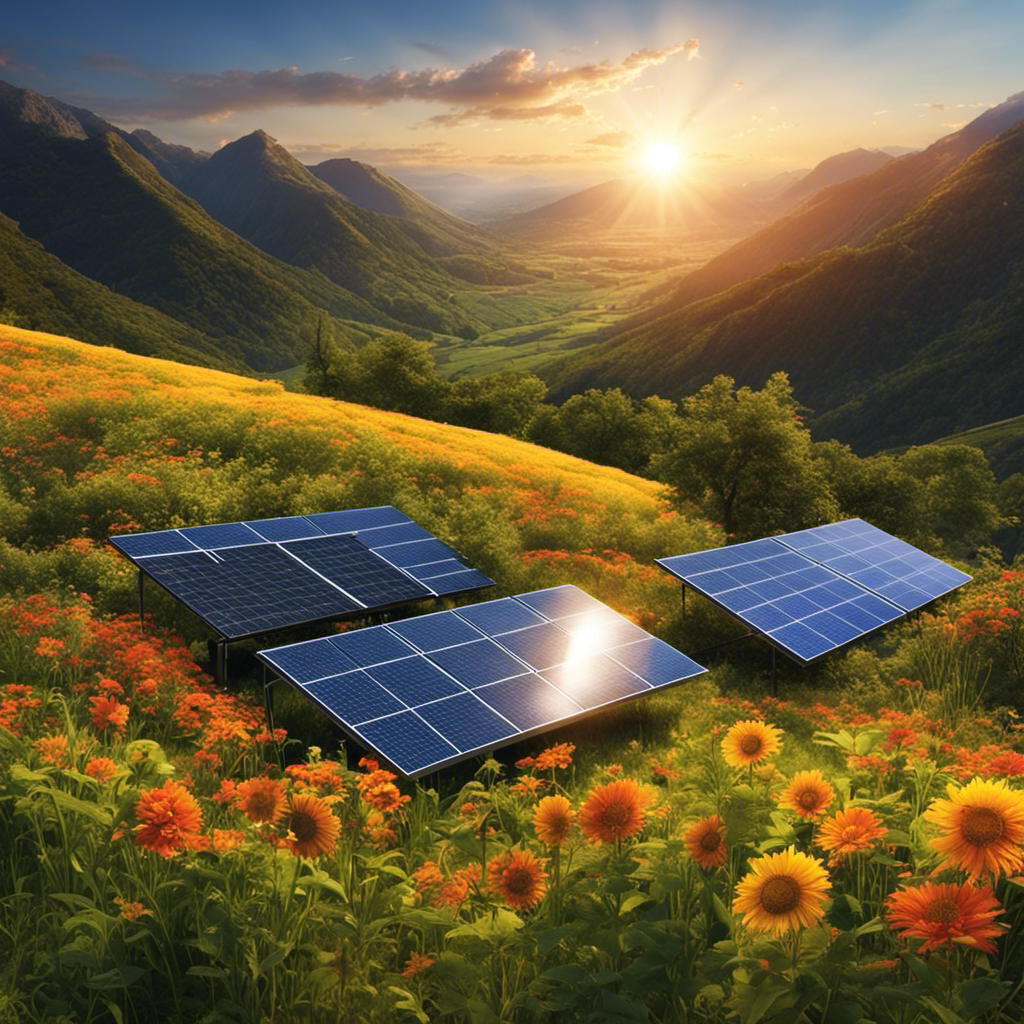 An image showcasing a vibrant, sunlit landscape with a solar panel absorbing sunlight, converting it into electricity