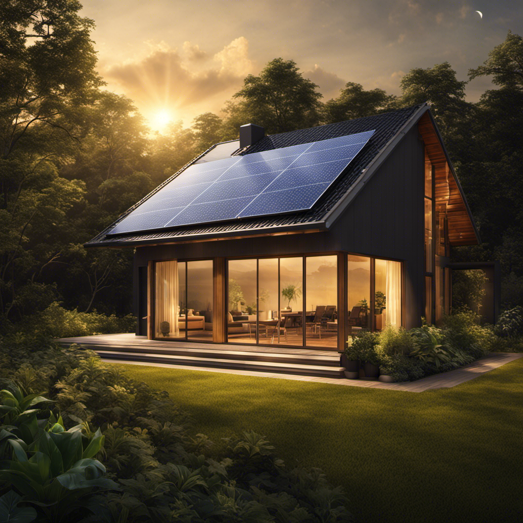 An image that vividly depicts a solar panel absorbing radiant sunlight, transforming it into electrical energy, and seamlessly transmitting it to illuminate a house, capturing the essence of efficient energy conversion