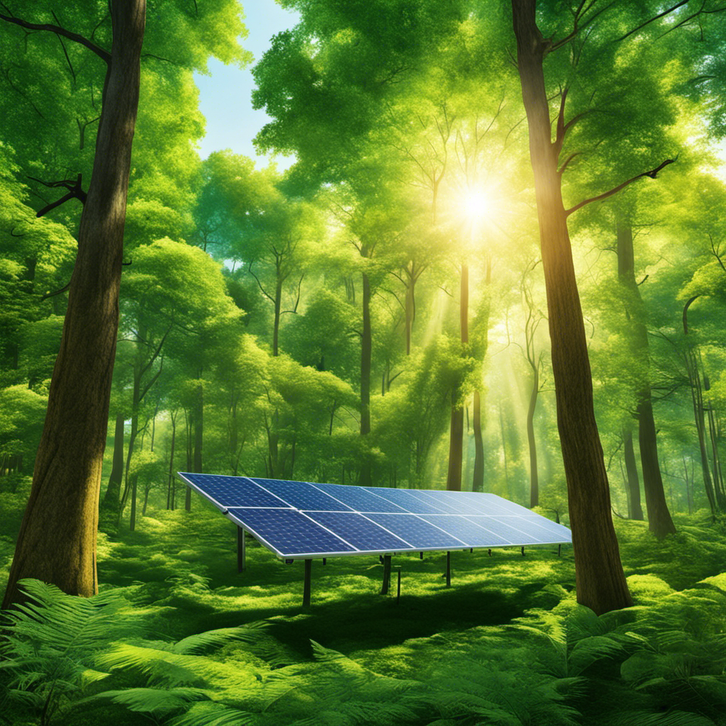 An image showcasing a lush green forest bathed in sunlight, with vibrant leaves and tall trees
