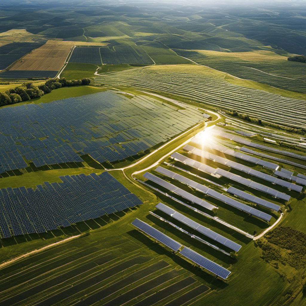 An image showcasing a vast solar panel farm, its gleaming surfaces absorbing sunlight