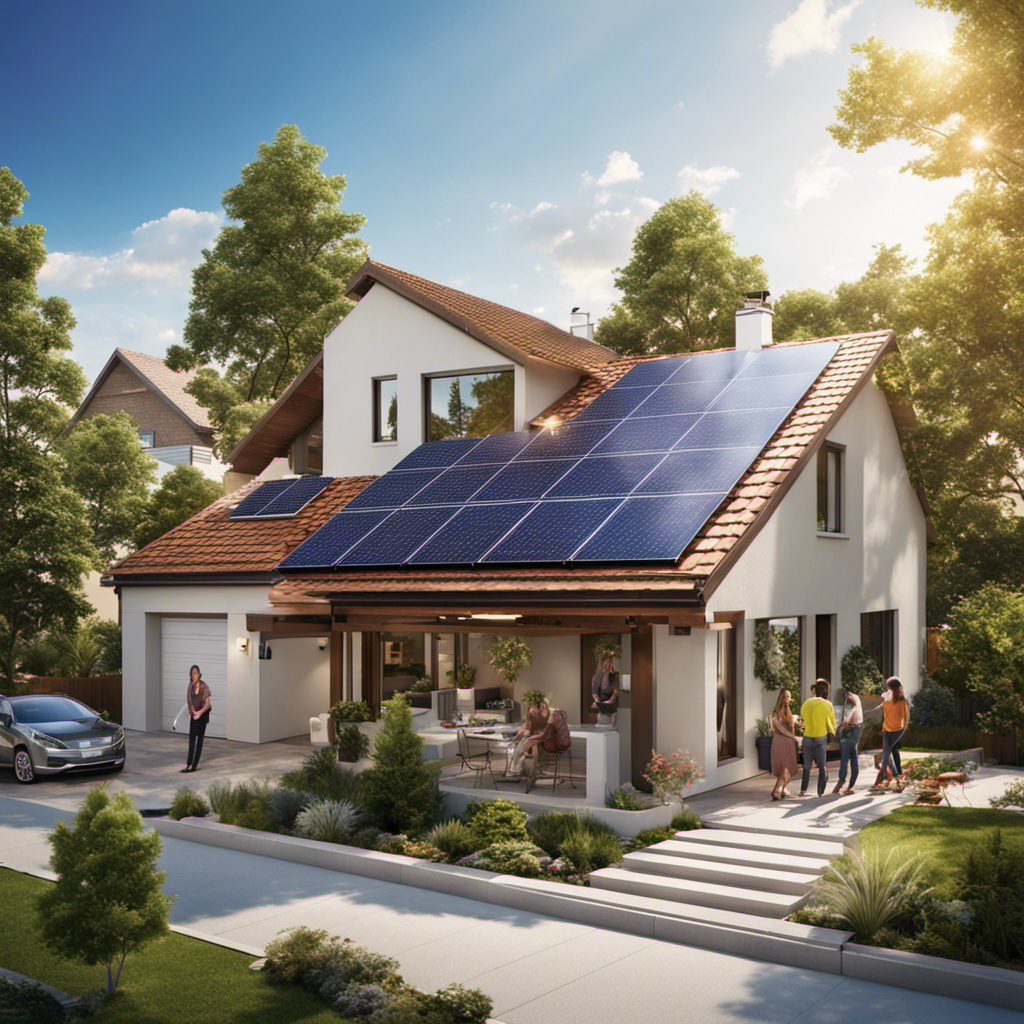 An image showcasing a residential rooftop adorned with solar panels under clear blue skies, while a family enjoys the benefits of energy tax credits by engaging in activities powered by clean, renewable solar energy