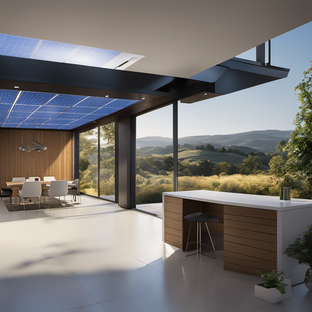 An image depicting a cutting-edge solar panel system, showcasing the seamless conversion of sunlight into electrical energy, seamlessly transmitted to power a modern, sustainable house