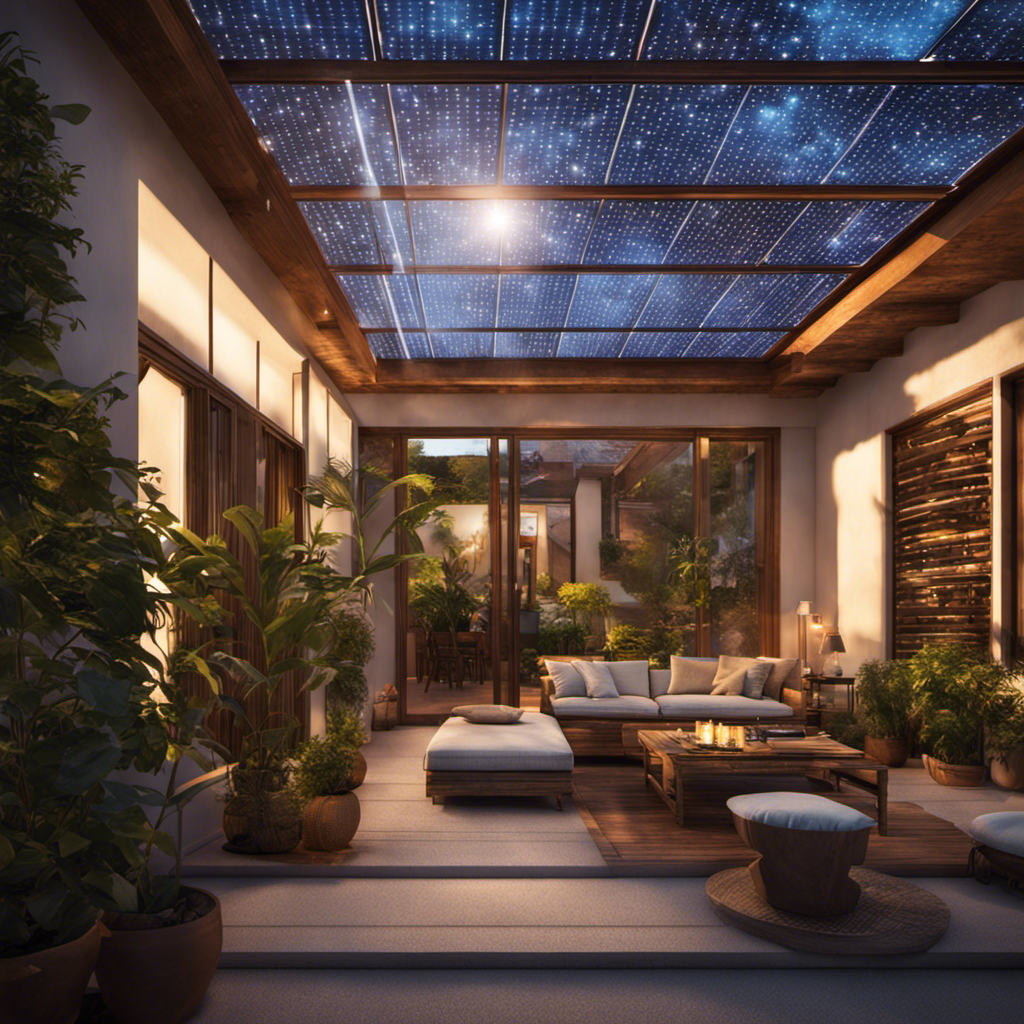An image depicting a vibrant, sun-drenched rooftop with a solar panel array, capturing the intricate dance of photons as they penetrate the panels, transforming into electricity that seamlessly flows into a cozy, illuminated house