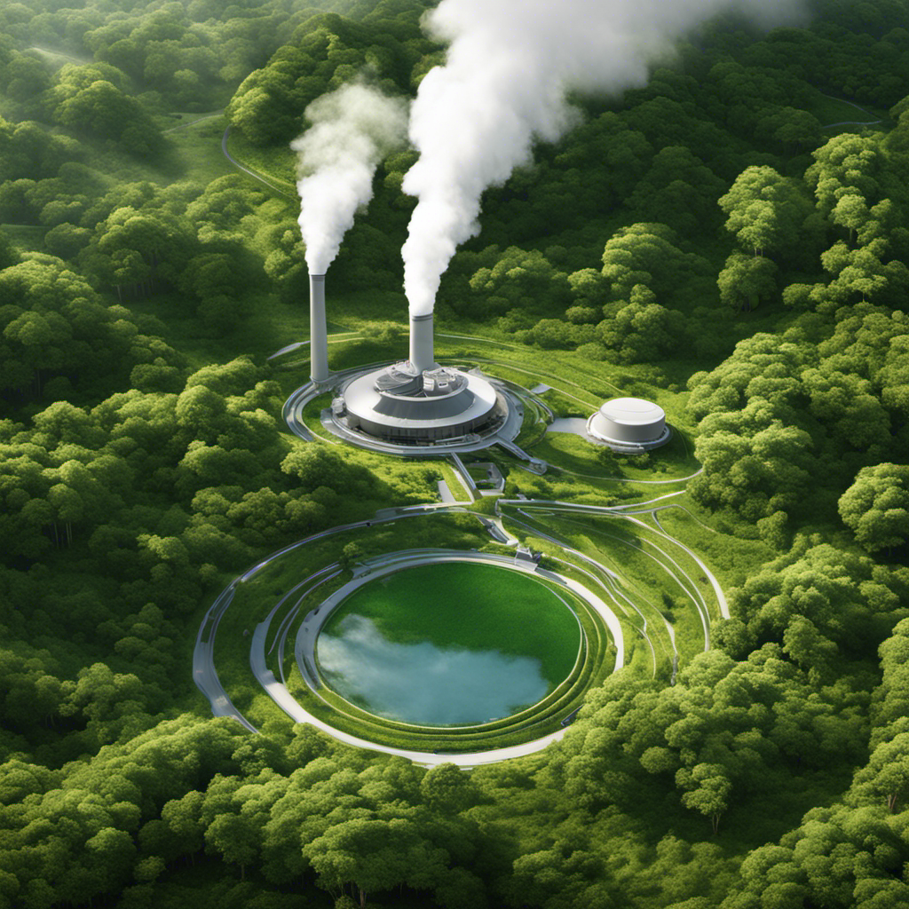 An image illustrating a geothermal power plant surrounded by lush vegetation, depicting the potential environmental concerns associated with geothermal energy, such as habitat disruption and land clearance
