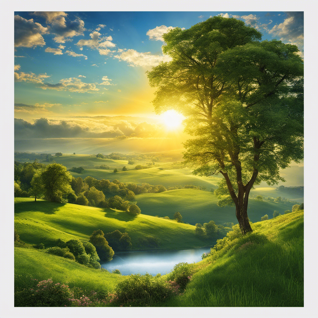 An image depicting a clear blue sky with a direct overhead sun, casting a strong beam of sunlight on a green landscape