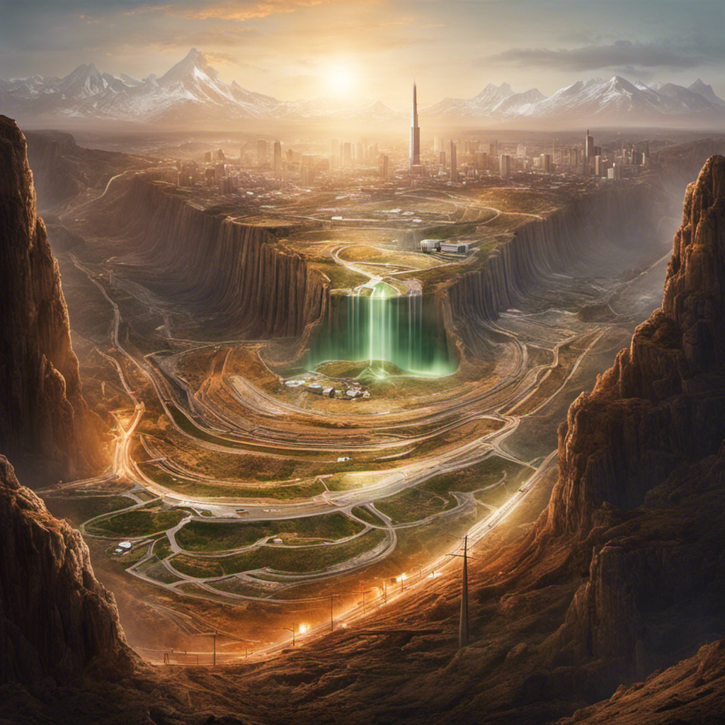 An image featuring a vast underground geothermal resource, blocked by layers of impermeable rock, juxtaposed with a bustling city above, symbolizing the limitations of geothermal energy due to geological constraints and urban development