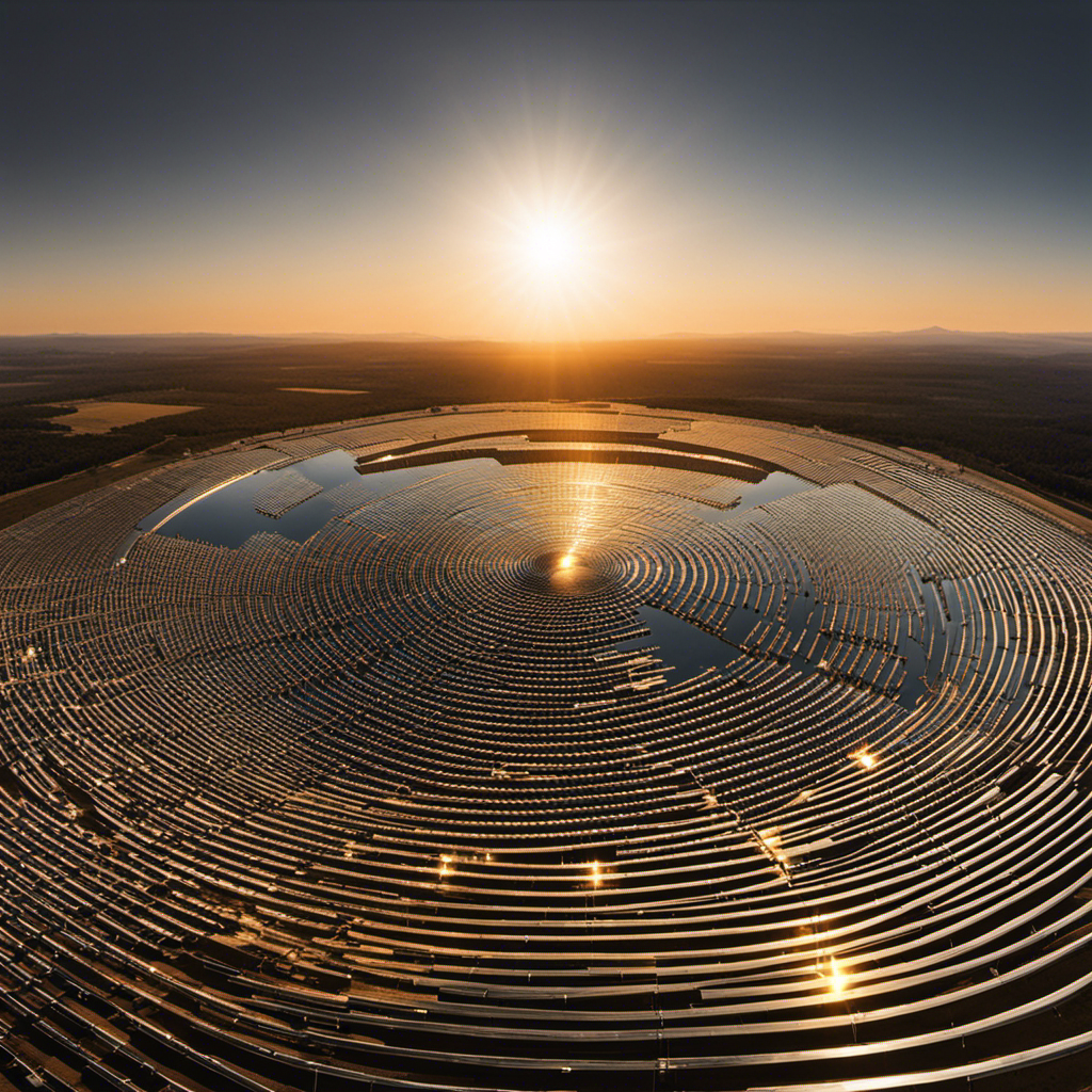 An image showcasing a vast solar field filled with rows of parabolic mirrors meticulously angled towards a central tower, capturing the sun's radiant energy and converting it into electricity through concentrated solar power technology