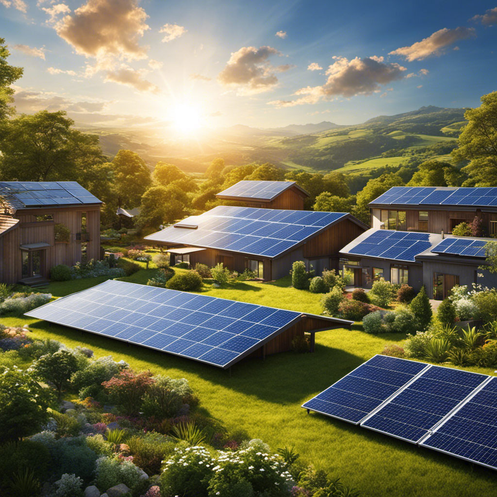An image showcasing a bright, sunlit landscape with solar panels gracefully adorning rooftops, converting sunlight into clean energy