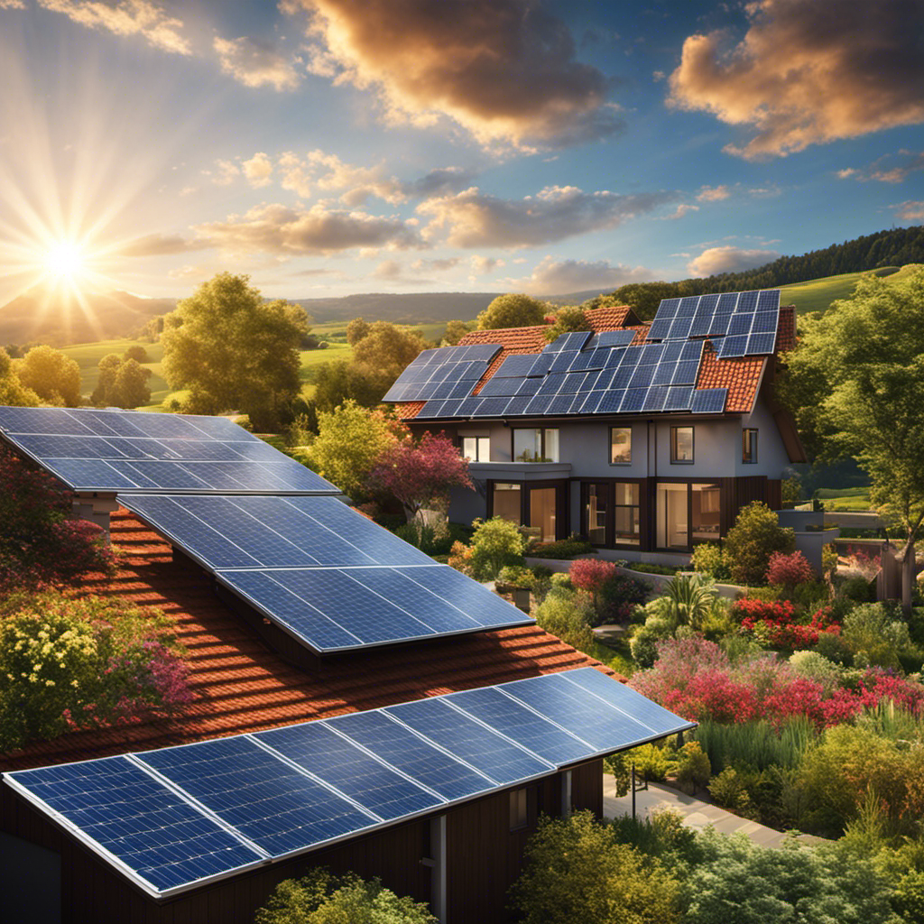 An image showcasing a vibrant, sunlit landscape with solar panels glistening on rooftops, capturing the essence of how photovoltaic cells harness the sun's rays and convert them into clean, renewable energy