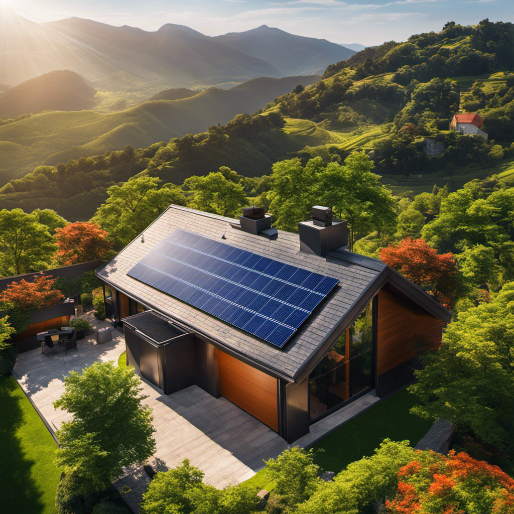 An image showcasing a vibrant rooftop solar panel installation with sunlight reflecting off the photovoltaic cells, powering nearby homes, reducing carbon emissions, and illuminating a lush green landscape
