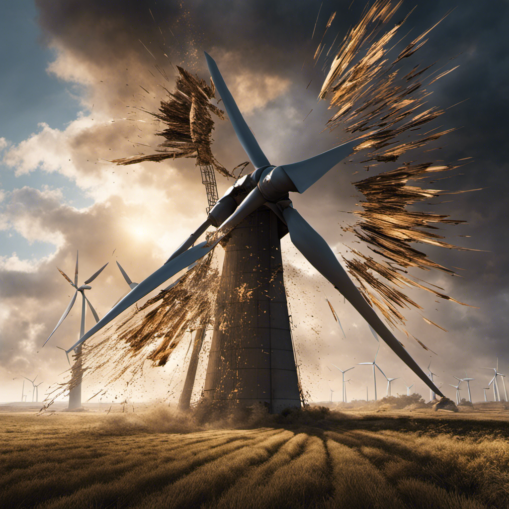 An image capturing the catastrophic consequences of a wind turbine spinning at an uncontrollable speed: shattered blades violently tearing apart, debris scattered in the air, and the structure on the verge of collapse