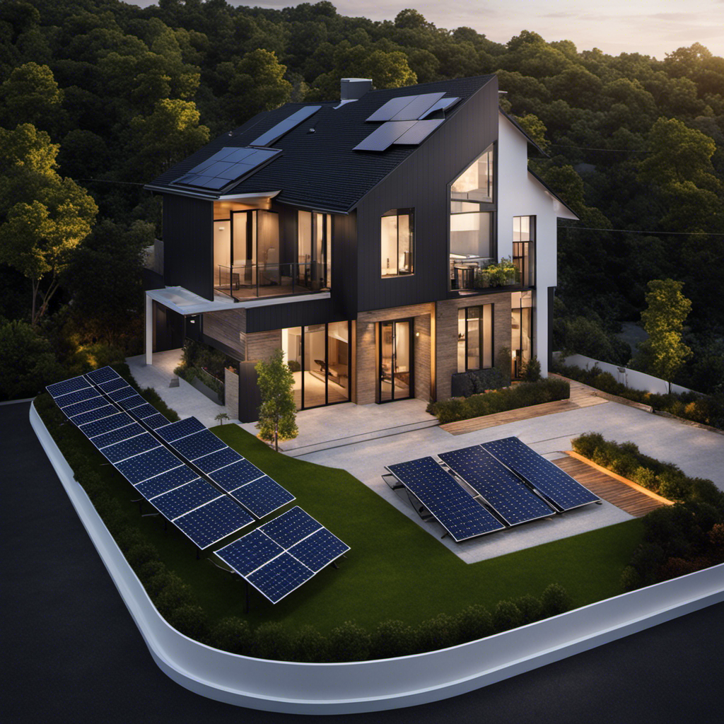 An image showing a house with solar panels on its roof, surrounded by a darkened neighborhood
