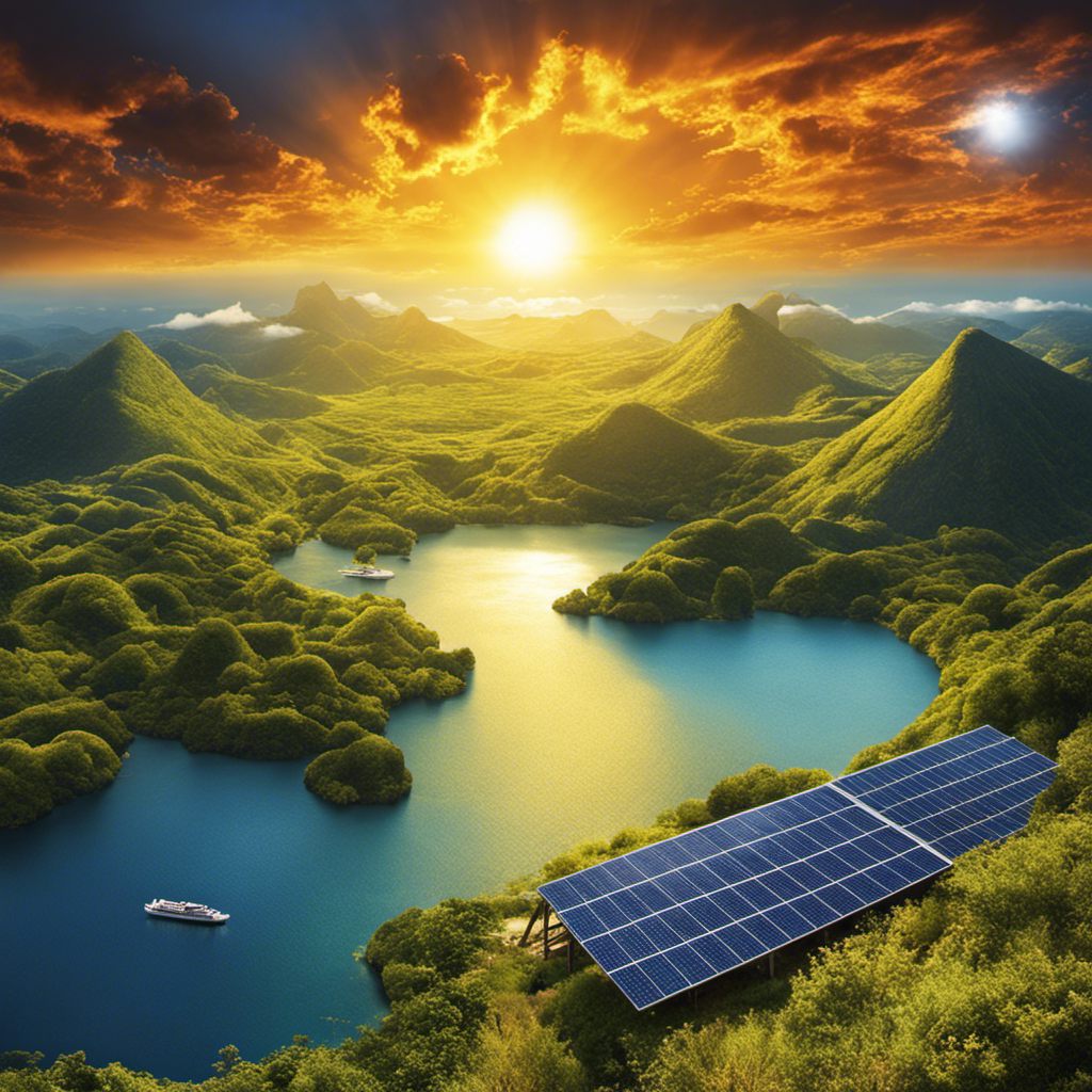 An image that showcases the journey of solar energy as it penetrates Earth's atmosphere, depicting the radiant sunlight passing through clouds, being absorbed by the land and water, and finally transforming into various forms of renewable energy