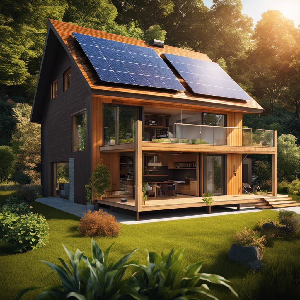 An image showcasing a vibrant solar panel absorbing sunlight, converting it into electricity, and transmitting it to power various appliances, illuminating a cozy home, charging an electric vehicle, and even feeding back surplus energy into the grid