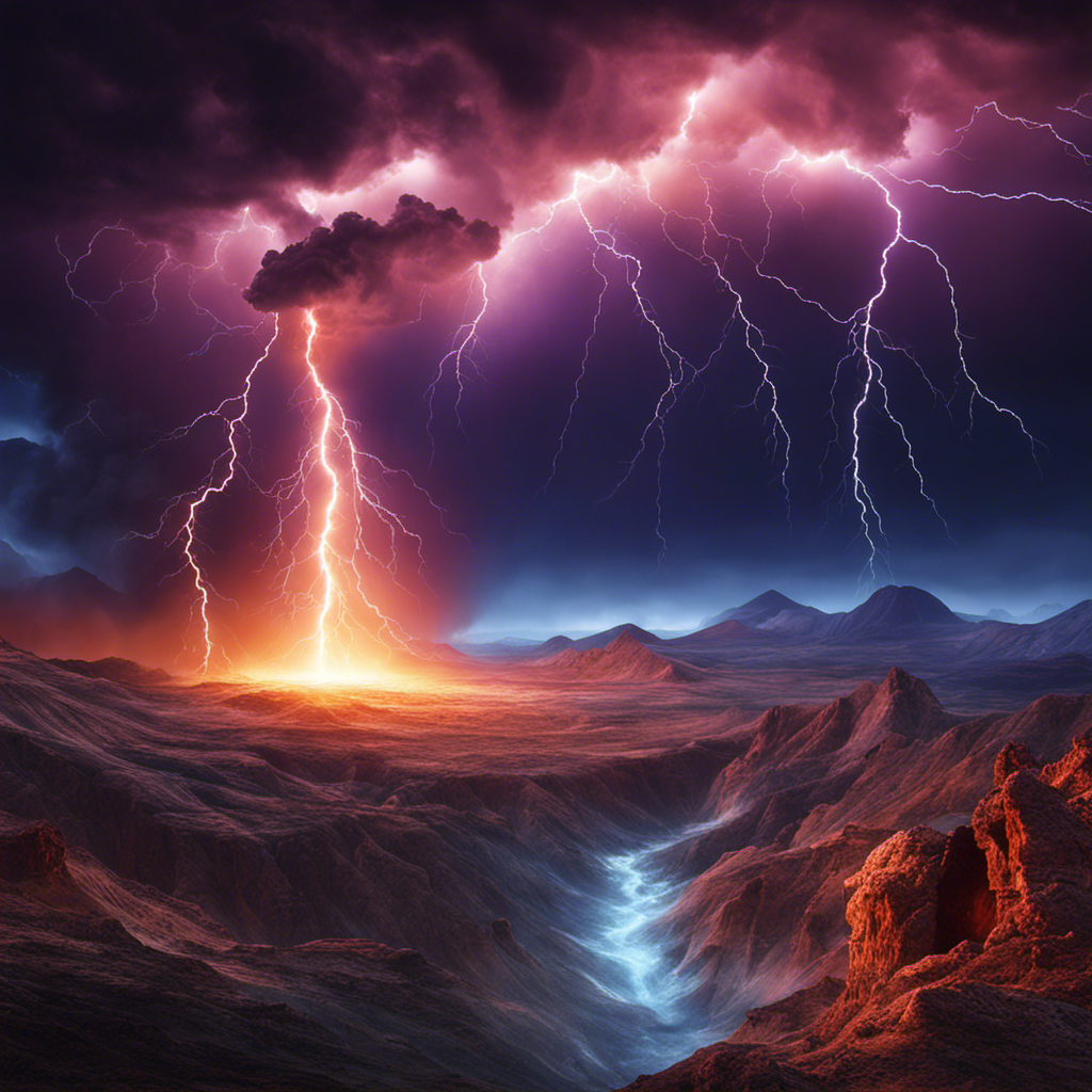 An image showcasing a vibrant, celestial landscape with towering lightning bolts striking the planets' crust
