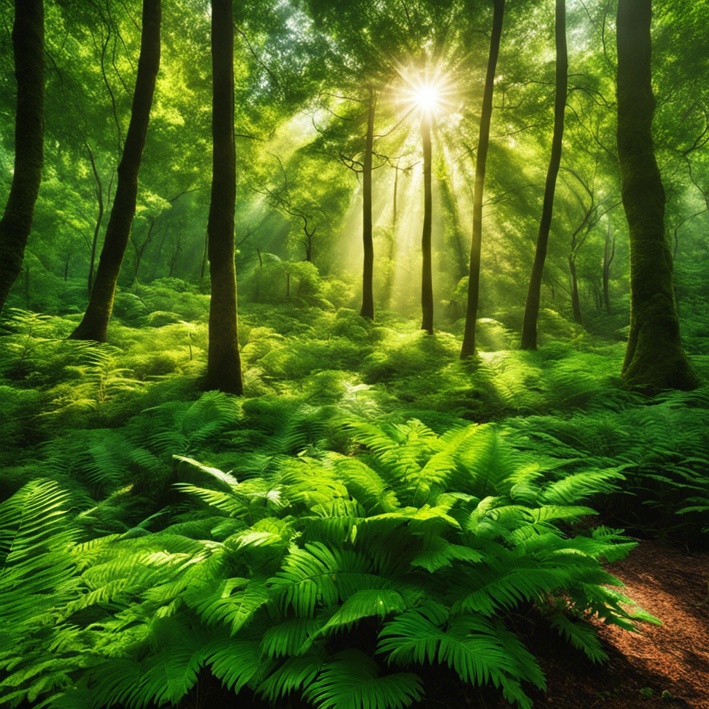 An image depicting a lush green forest with sunlight filtering through the canopy